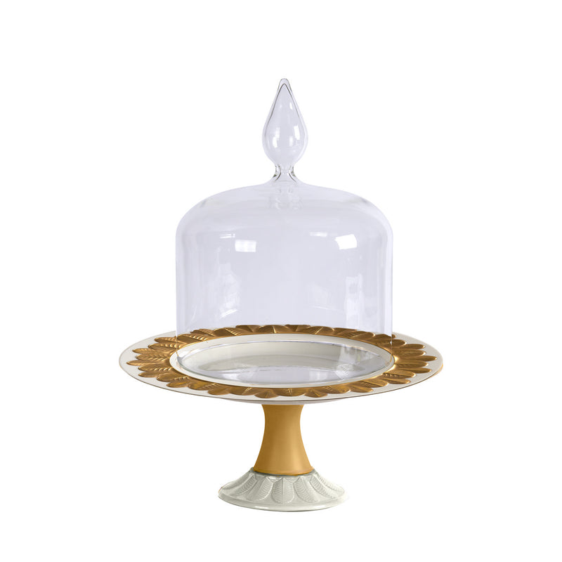 PEACOCK CAKE STAND WITH CLOCHE - CARAMEL GOLD WHITE