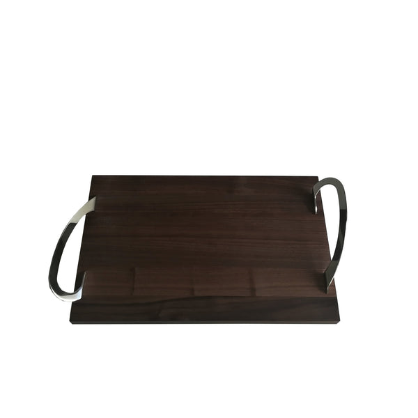 Canaletto wood tray with stainless steel handles.