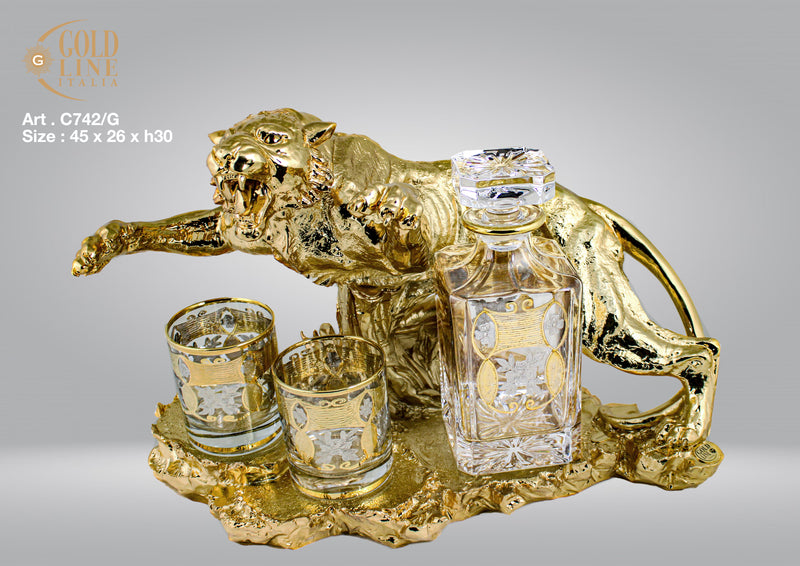 Golden Tiger With 2 Whiskey Glasses And 1 Bottle